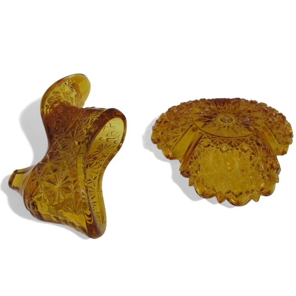 Glass BOOT And DISH Amber-Colored Set With Intricate Starburst Pattern - Picture 9 of 11